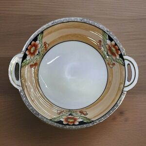 Vintage Noritake Hand-Painted Bowl – 1920s Orange Floral Lustreware with Handles